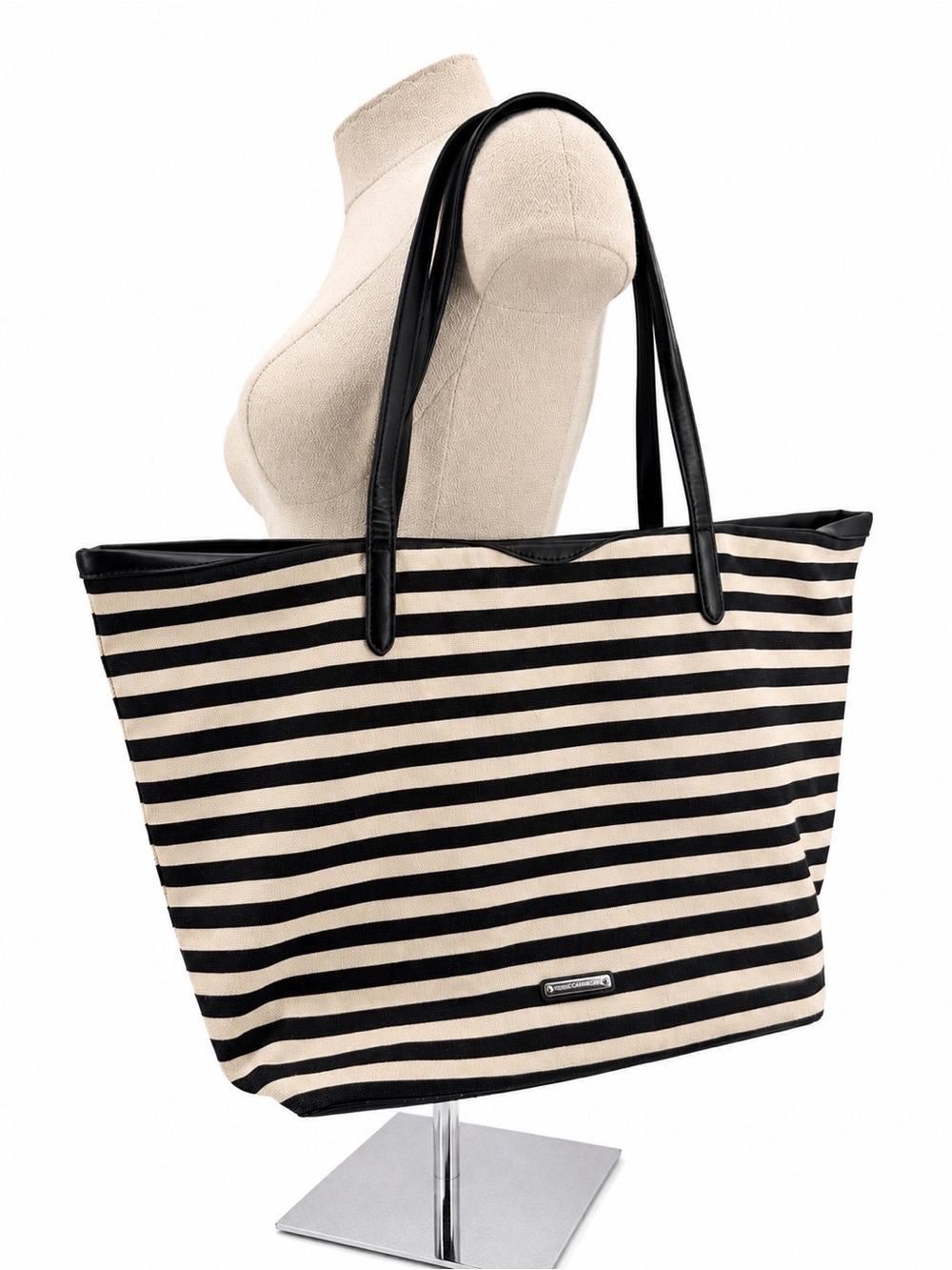 Rebecca Minkoff Black Cream Striped Canvas Cotton Toe Bag Shoulder Bag
